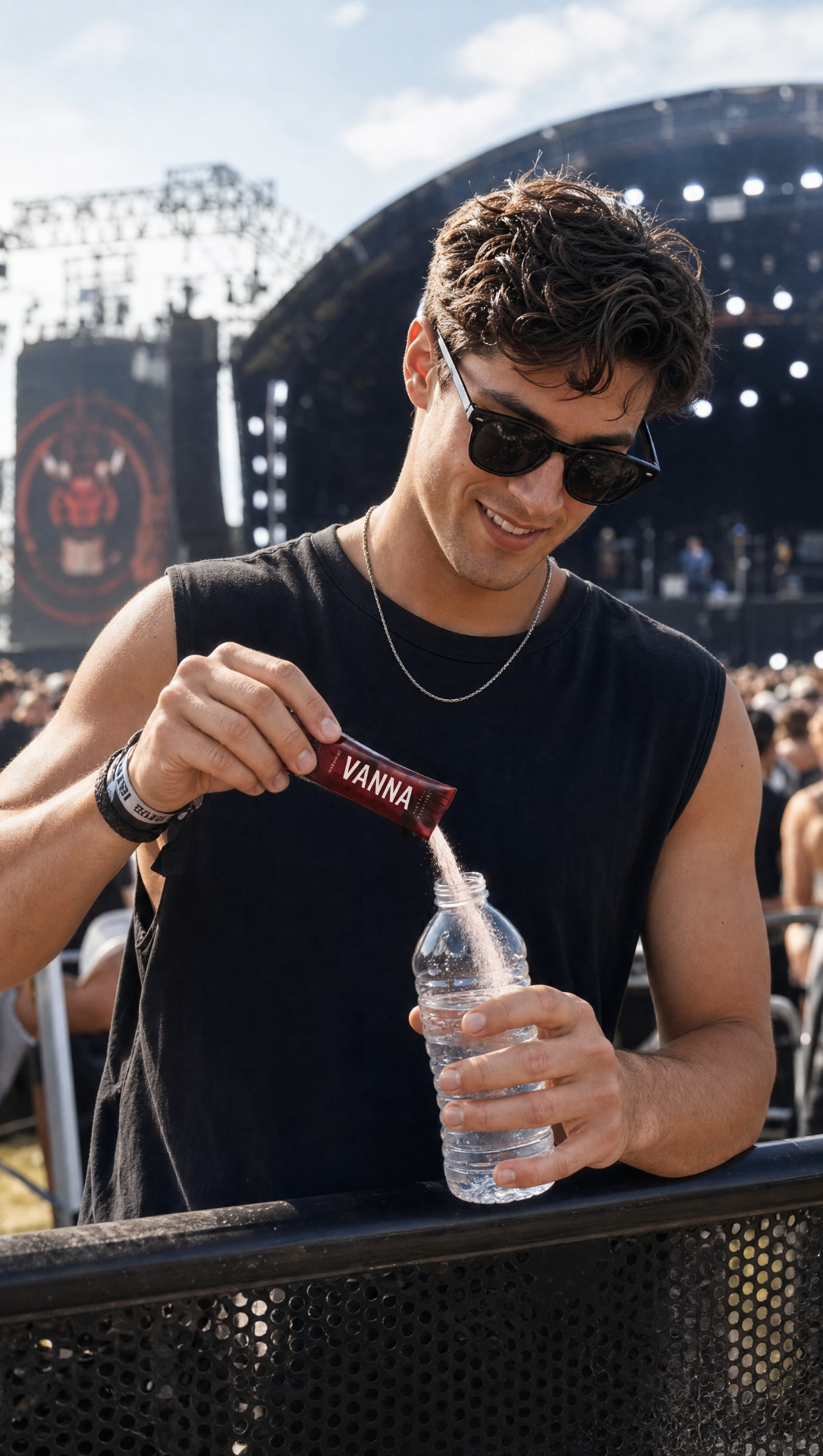 Man pouring a Vanna packet into a water bottle at a concert